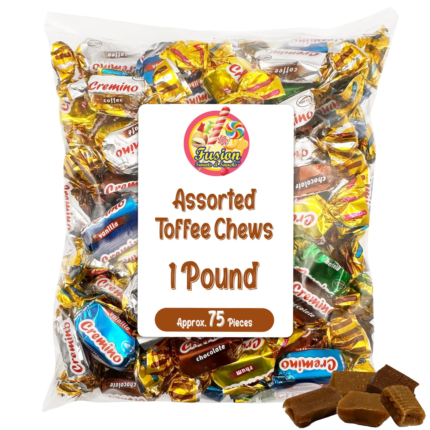 Toffee Candy Assorted - 1 Pound Bulk Chews, Toffee Candy Individually Wrapped - Five Delicious Flavors Vanilla, Chocolate, Coffee, Rum and Mint - Approx 75 Pieces