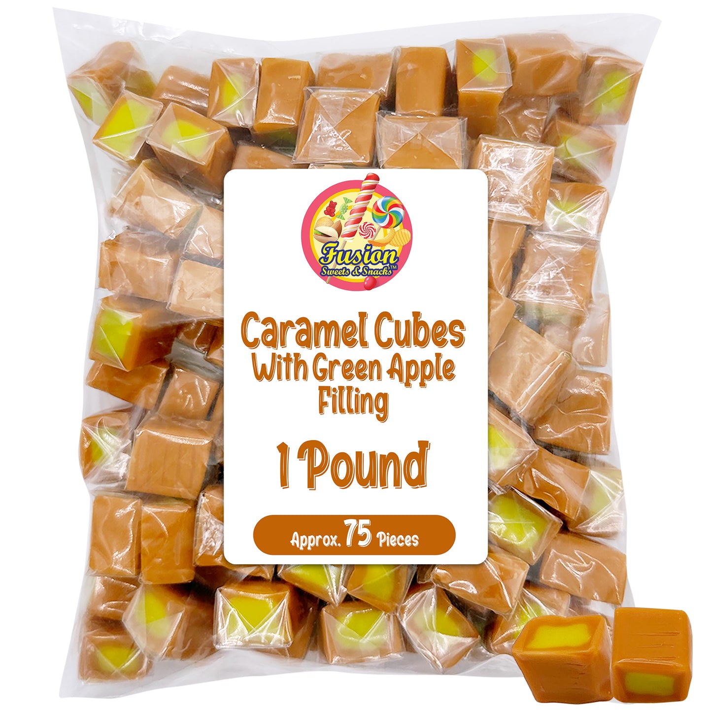 Caramel Cubes Candy Green Apple Filling - 1 Pound Bulk Bag -Individually Wrapped, Caramel Chews Soft Classic Chewy Candy, For all Holidays And Any Occasion. (Approx 75 Count)