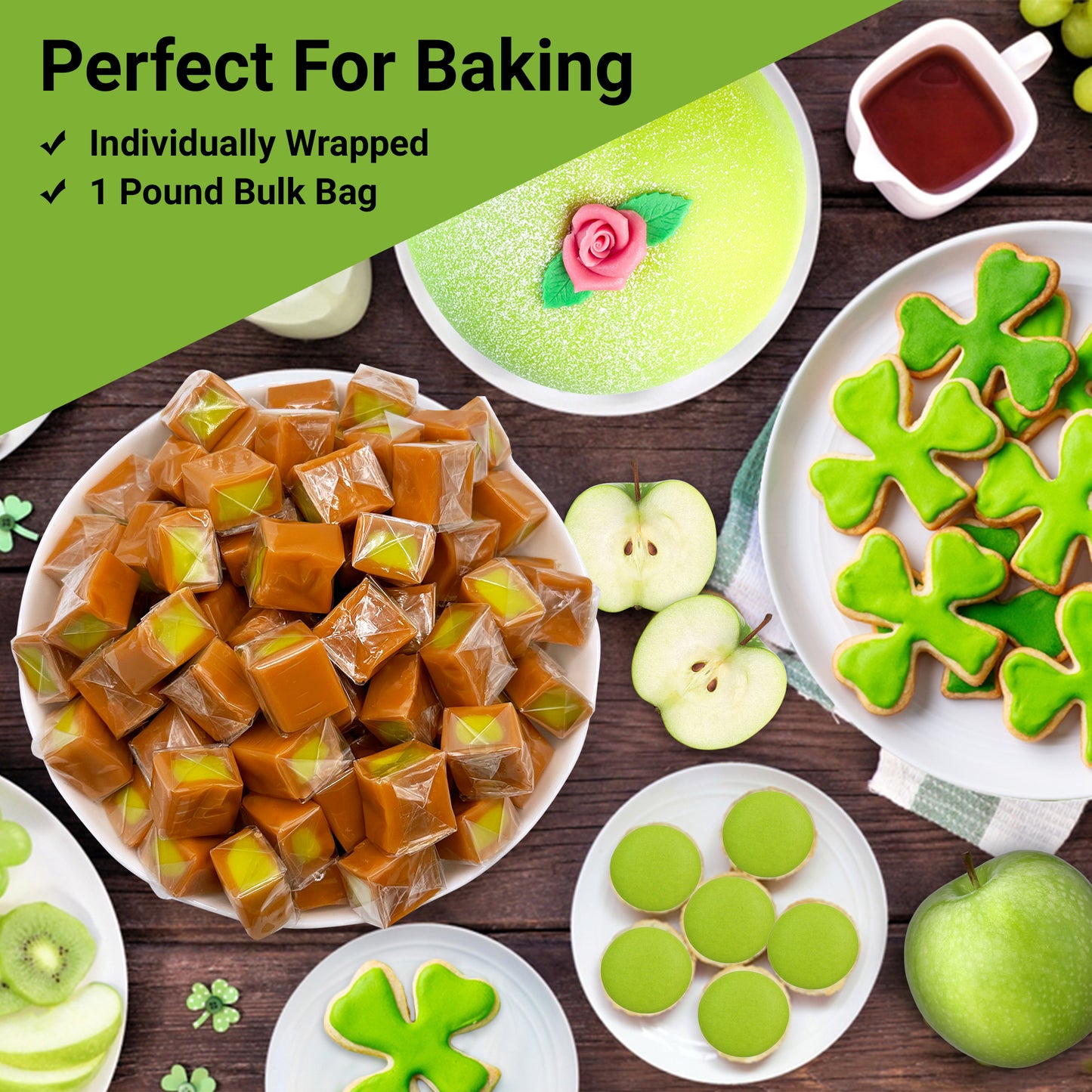 Caramel Cubes Candy Green Apple Filling - 1 Pound Bulk Bag -Individually Wrapped, Caramel Chews Soft Classic Chewy Candy, For all Holidays And Any Occasion. (Approx 75 Count)