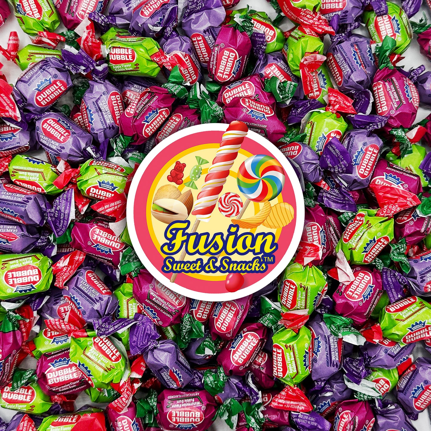 Dubble Bubble Assorted Fruit Flavor Gum - 1 Pound Bulk Bag of 3 Flavor Individually Wrapped Bubble Gum - Grape, Watermelon, Apple - Chewing Bubble Gum