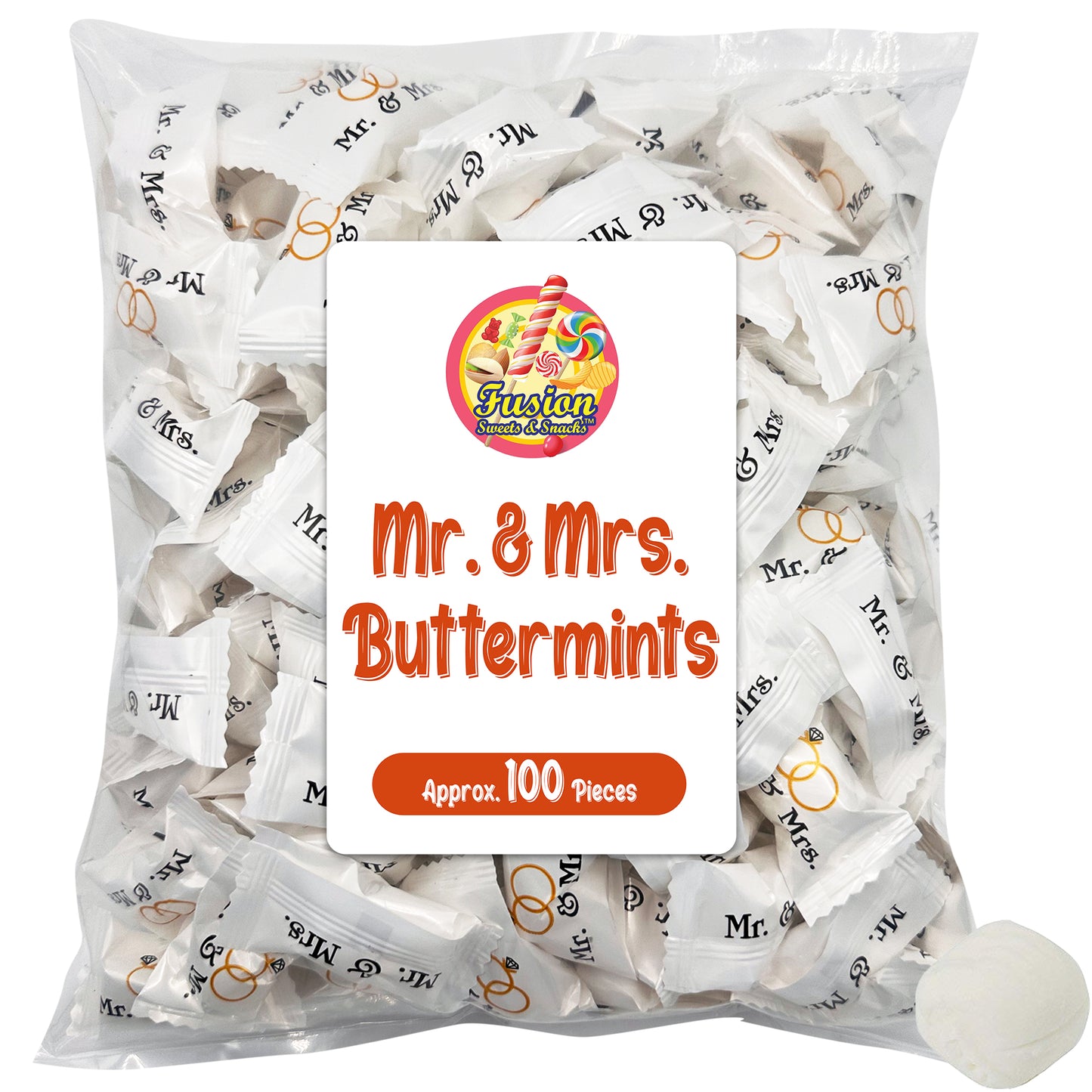 Mr. & Mrs. Buttermints - 100 Count - Butter Mints Individually Wrapped - Wedding & Bridal Shower Mints