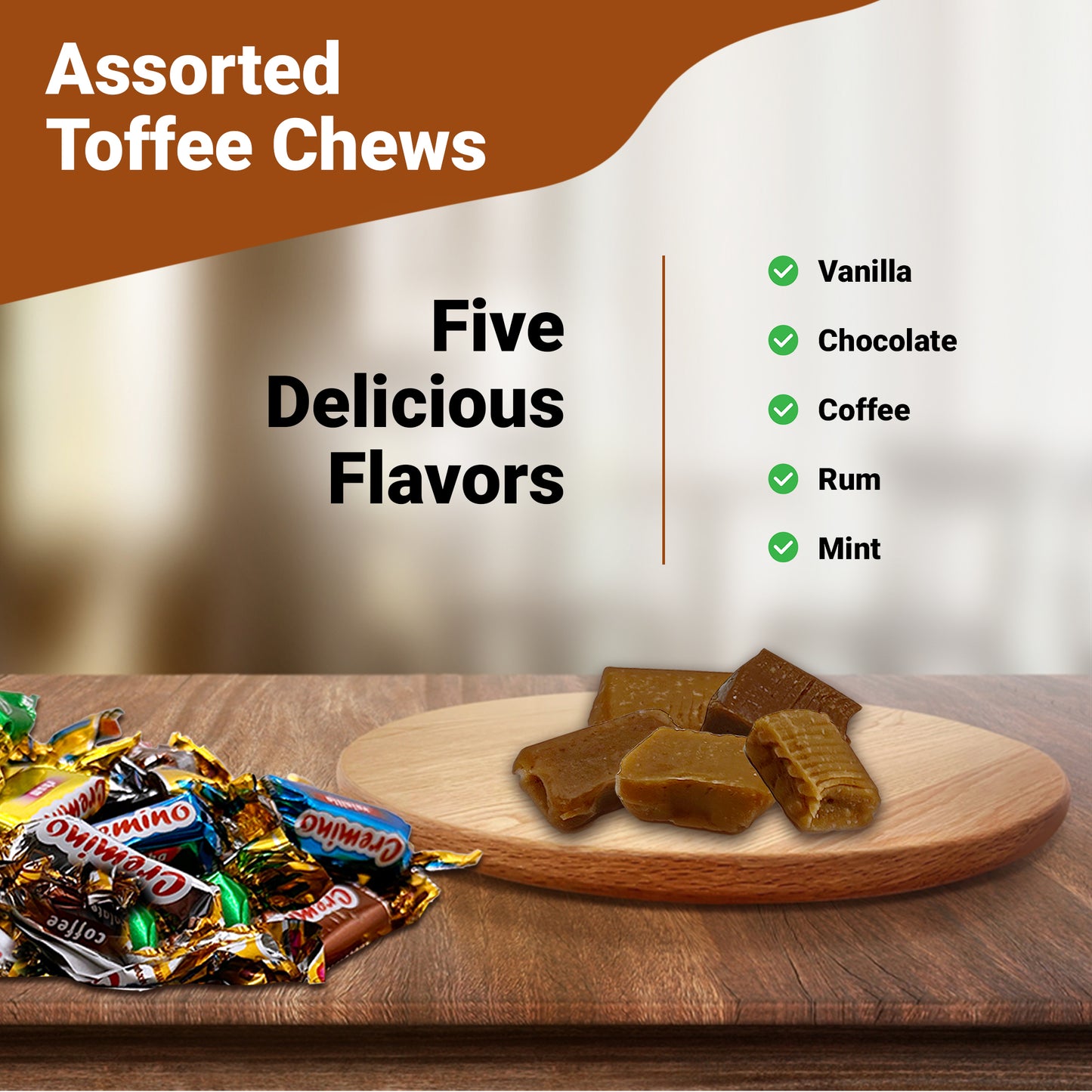 Toffee Candy Assorted - 1 Pound Bulk Chews, Toffee Candy Individually Wrapped - Five Delicious Flavors Vanilla, Chocolate, Coffee, Rum and Mint - Approx 75 Pieces