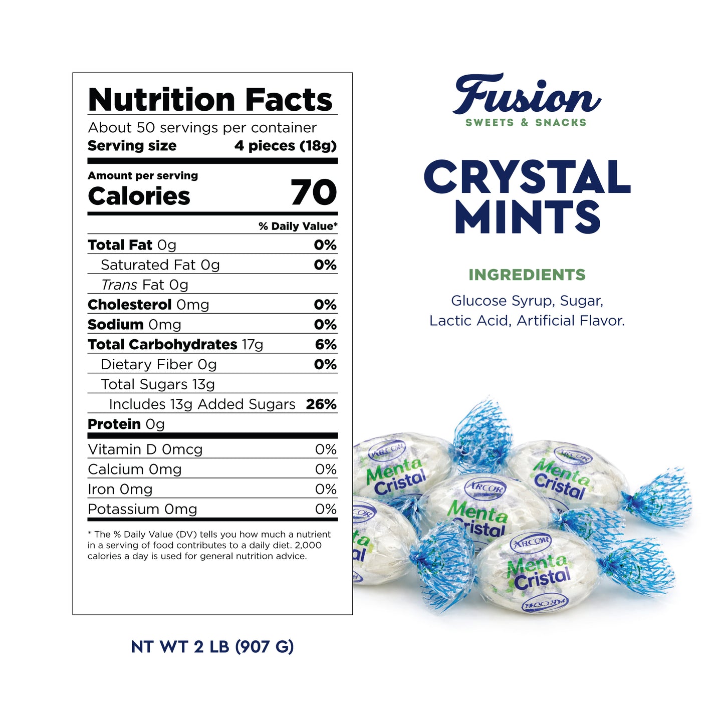 Crystal Candy Hard Mints - 2 Pounds (Approx. 200 Pieces) Arcor Blue Crystal Mint Candy Individually Wrapped, Breath Mints Bulk, After Dinner Mint, Bulk Candy