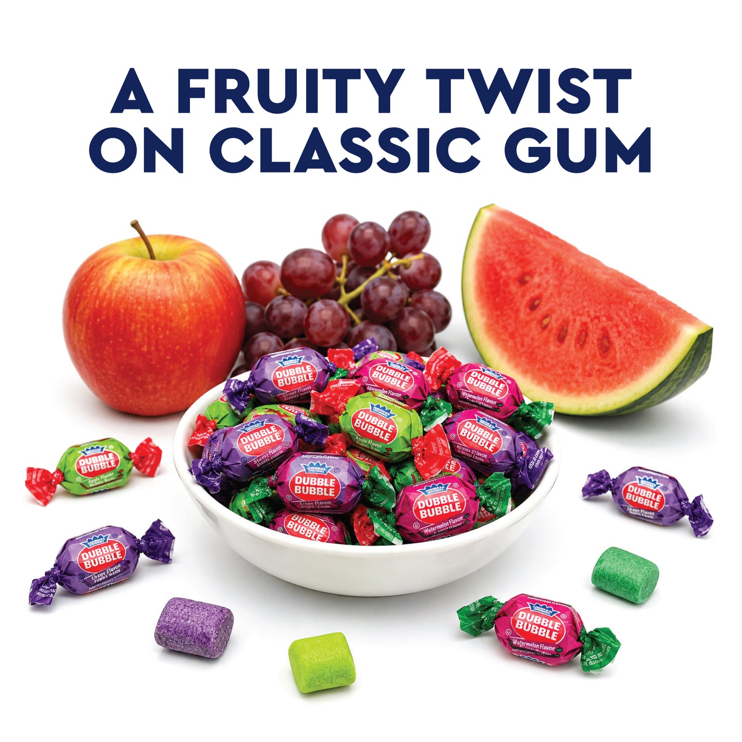 Dubble Bubble Assorted Fruit Flavor Gum - 1 Pound Bulk Bag of 3 Flavor Individually Wrapped Bubble Gum - Grape, Watermelon, Apple - Chewing Bubble Gum