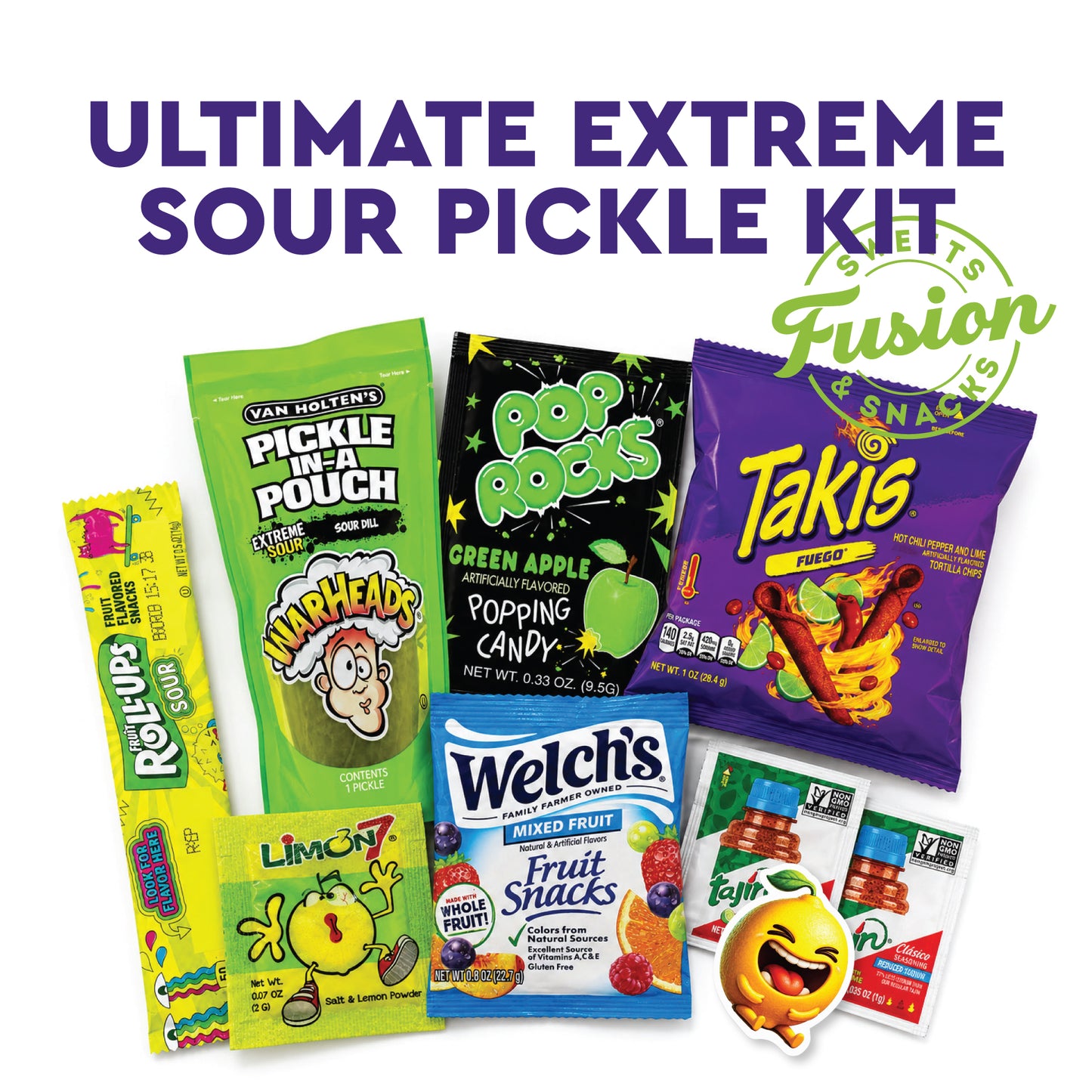 Extreme Sour Pickle Kit - Viral TikTok Snack | Sour Dill Pickle, Chili Rolled Corn Chips, Popping Candy, Fruit Gummies, Sour Rolled Fruit Candy & Chili Lime Seasoning