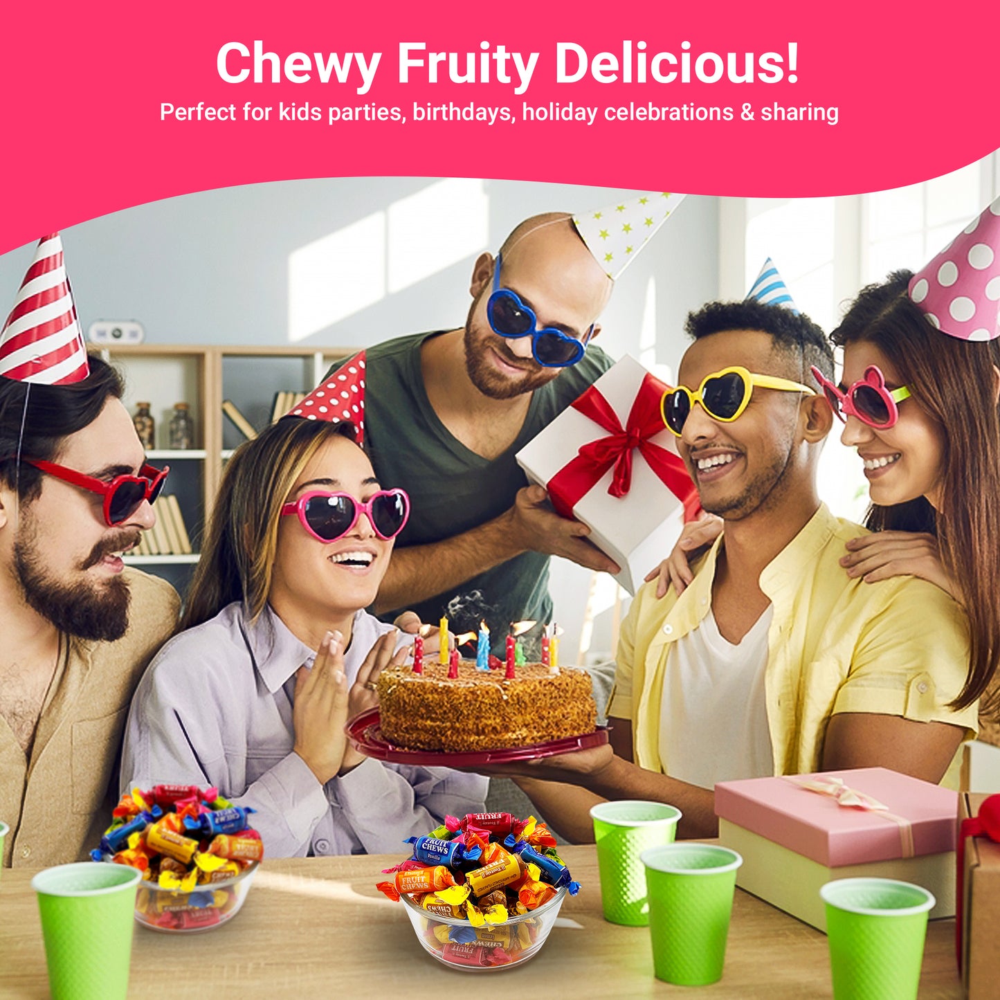 Fruit Chews Candy - 2 Pounds Bulk Bag, Fruit Chews Rolls, 5 Assorted Flavors, Soft & Fruity Taffy Candy, Individually Wrapped Gluten Free Treats