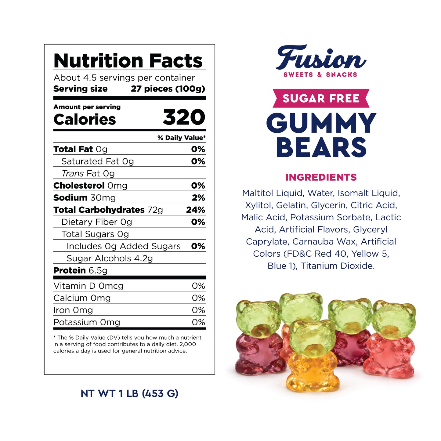 Sugar Free Gummy Bears 1 Pound Bulk Bag, 3D Chewy Candy, Assorted Fruit Flavors, Sugar Free Gummies, Low Carb Keto Friendly, Diabetic Candy
