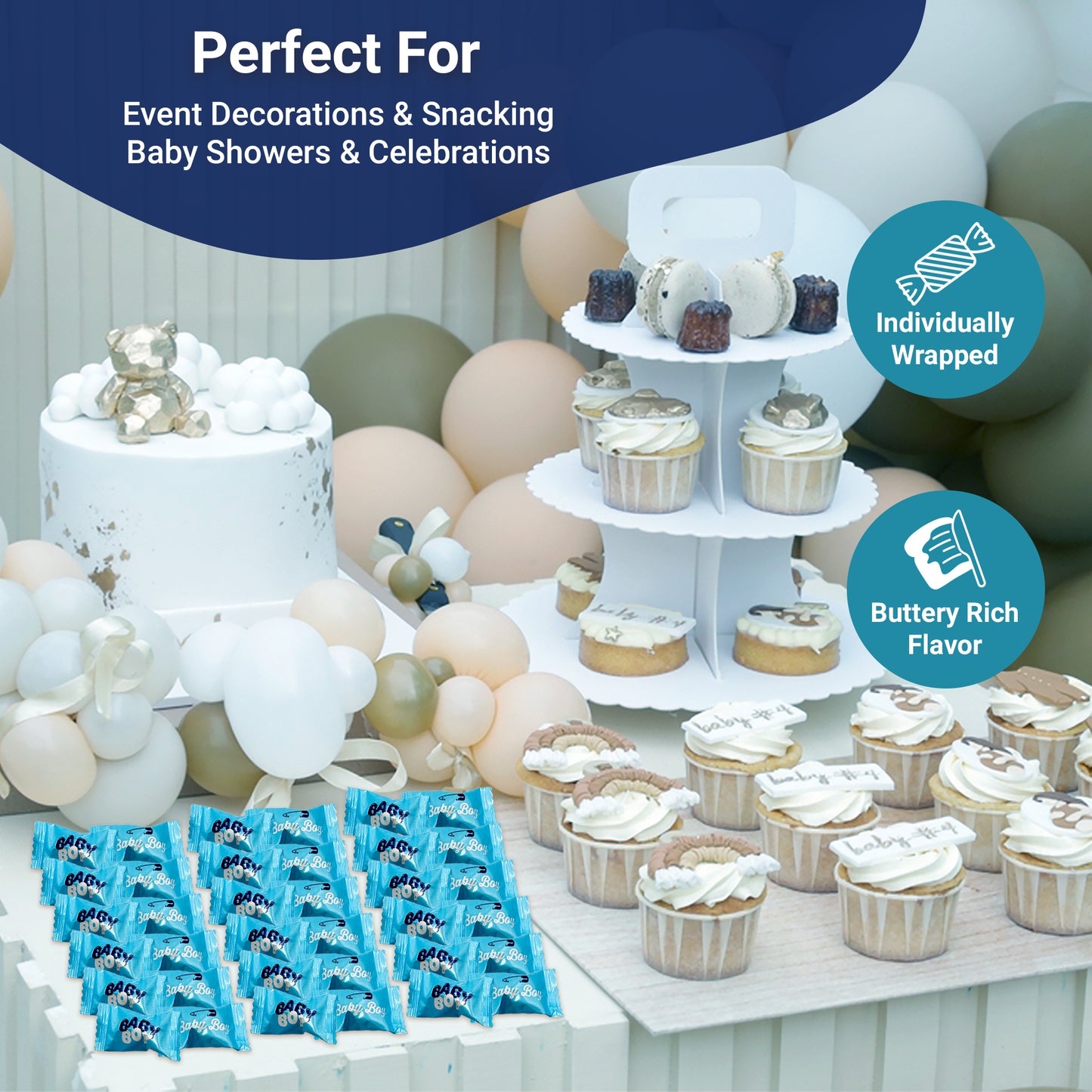 Baby Boy Buttermints - 100 Count - Baby Shower Butter Mints Individually Wrapped - Baby Shower Candy