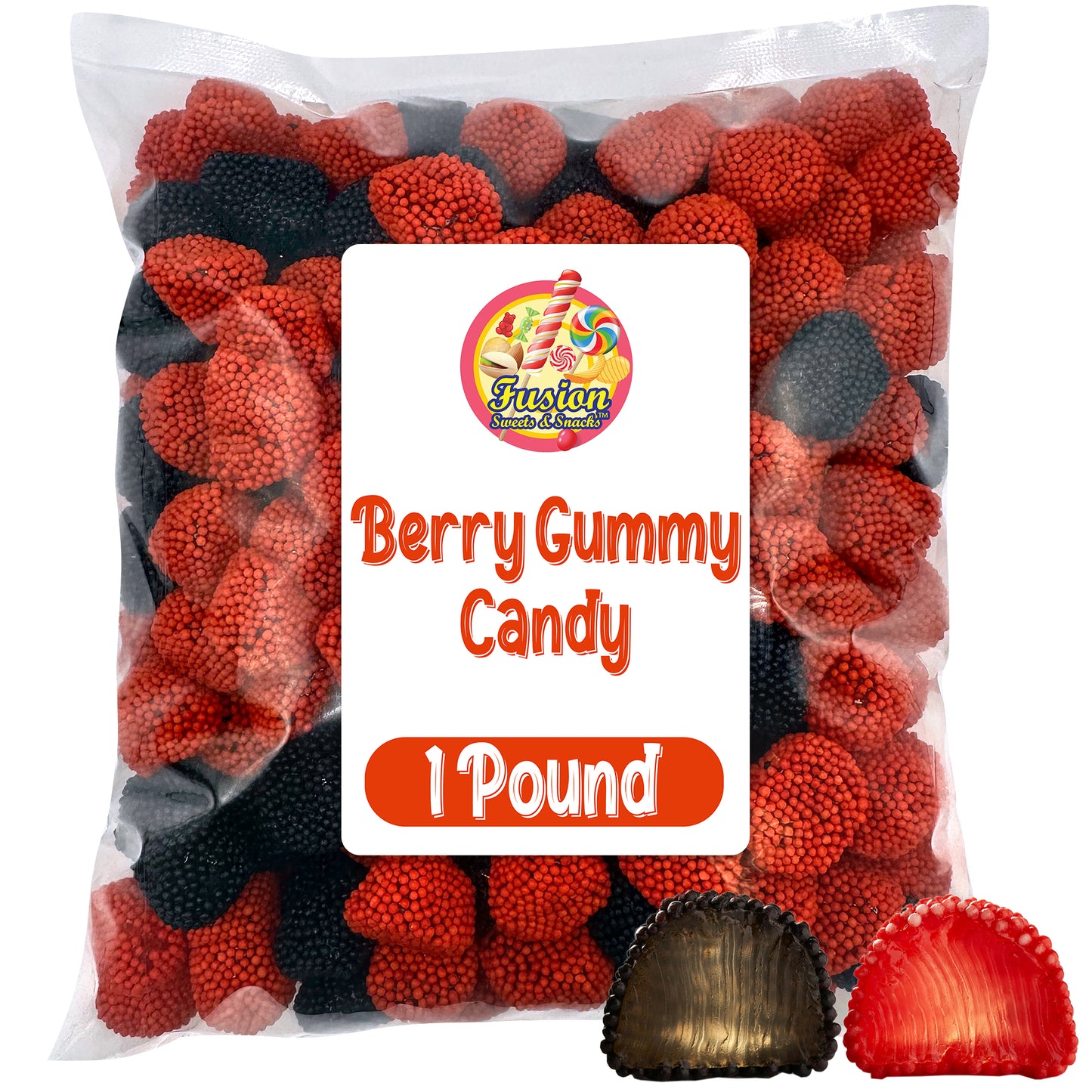 Berries Gummy Candy - 1 Pound Bulk Bag, Crunchy Red And Black Candy - Raspberry And Blackberry Berry Gummies