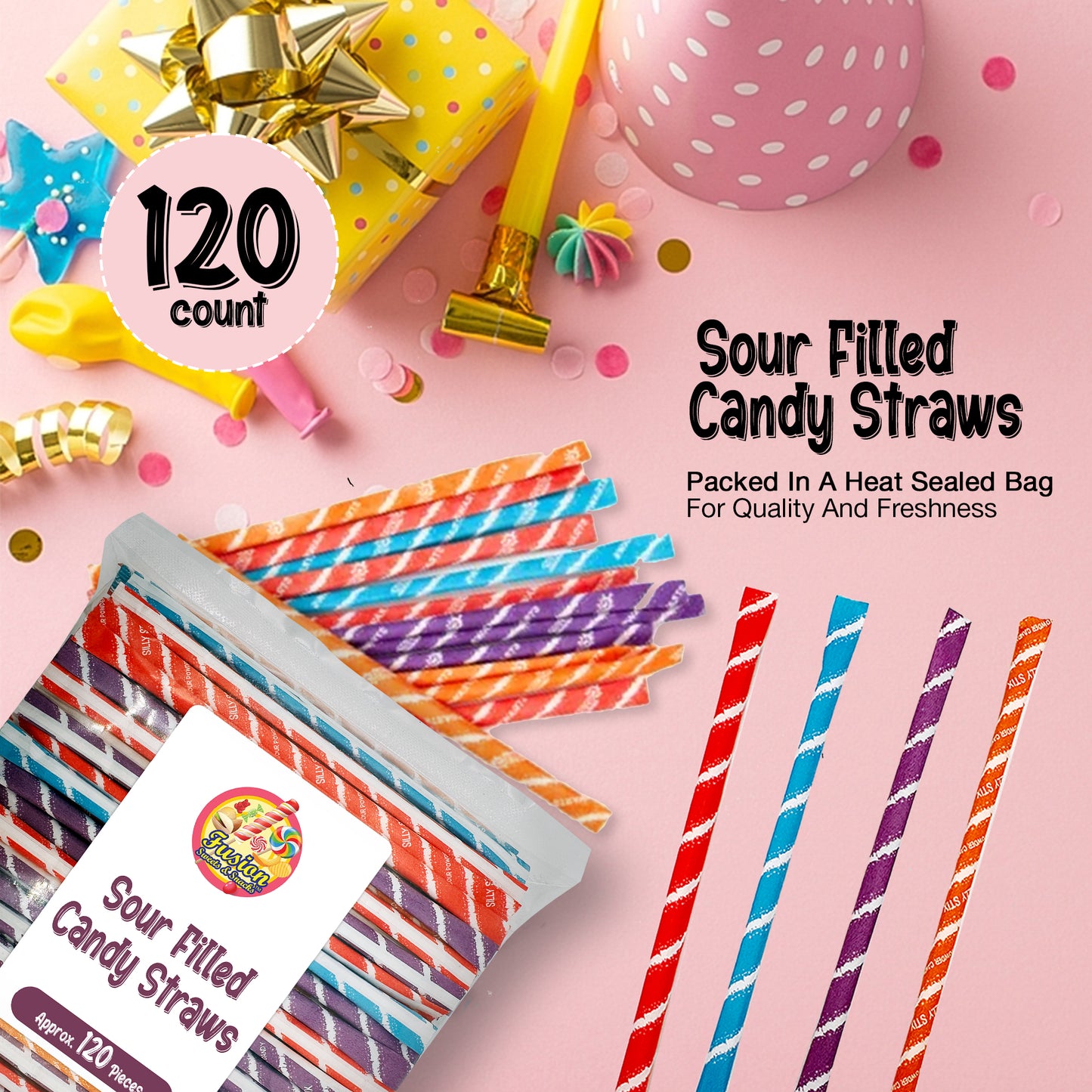 Sour Filled Candy Straws - 120 Count Bulk Bag - Tropical Punch, Orange, Cherry, Grape Flavors - Silly Stix Candy Straws