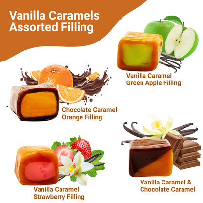 Caramel Candy Mix Assorted Filling – 1 Pound, Individually Wrapped Soft Sweets with Filled Centers – Chewy Caramels, Flavored Caramels – Perfect For Parties, Events, Candy Tables, & More