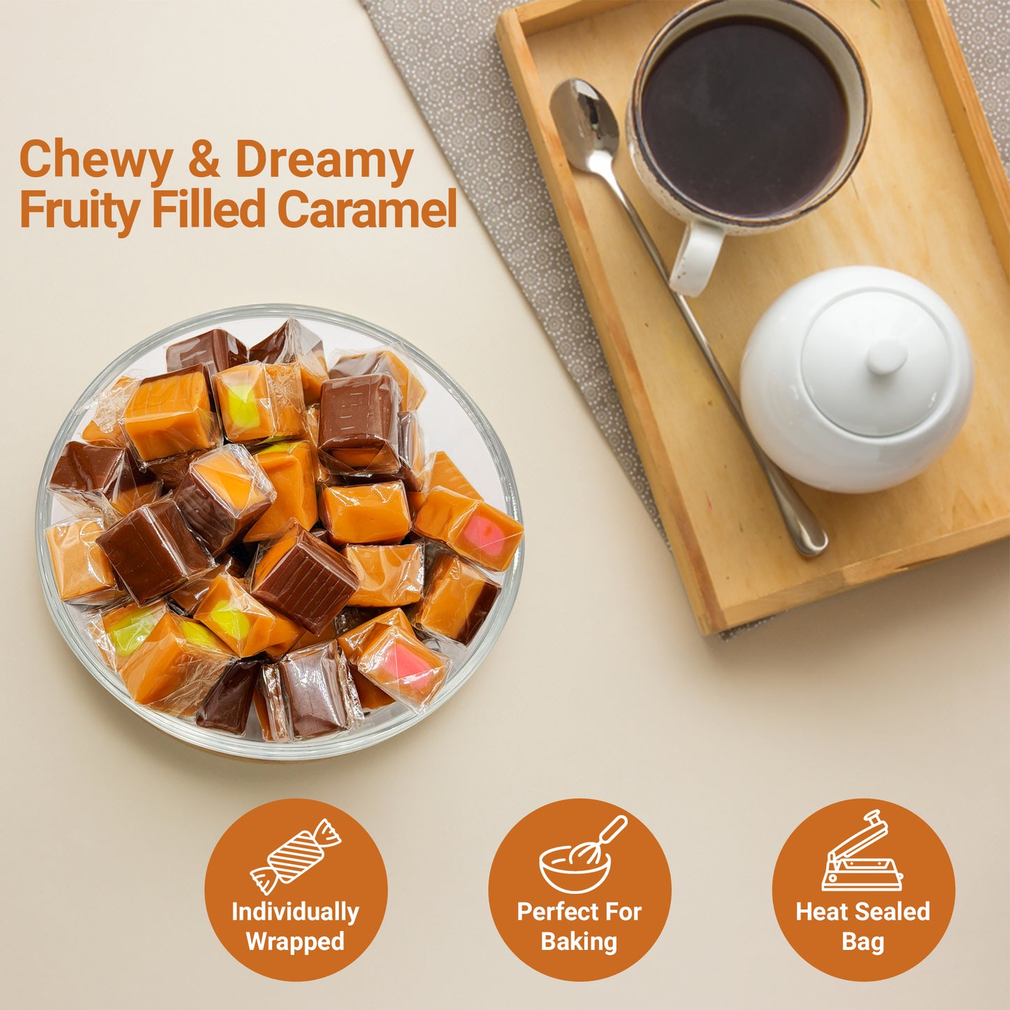 Caramel Candy Mix Assorted Filling – 1 Pound, Individually Wrapped Soft Sweets with Filled Centers – Chewy Caramels, Flavored Caramels – Perfect For Parties, Events, Candy Tables, & More