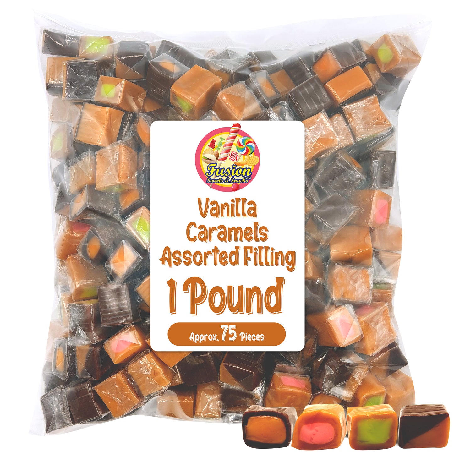 Caramel Candy Mix Assorted Filling – 1 Pound, Individually Wrapped Soft Sweets with Filled Centers – Chewy Caramels, Flavored Caramels – Perfect For Parties, Events, Candy Tables, & More