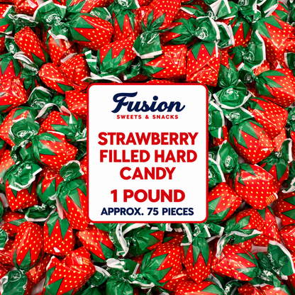 Strawberry Filled Hard Candy, Individually Wrapped, 1lb, Gluten-Free | Approx. 75 Pieces of Real Fruit Pulp Strawberry Candy with Sweet Flavor, Heat-Sealed Bag for Easy Serving and Storage