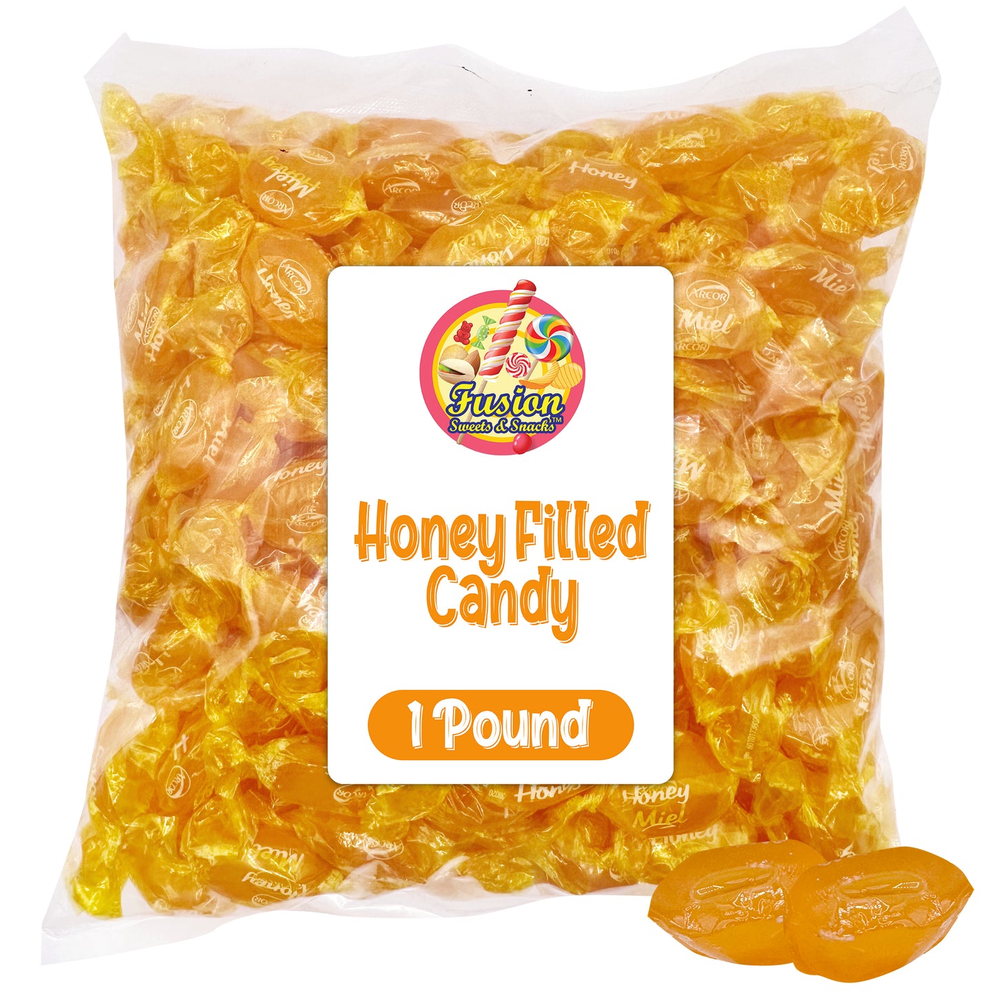Honey Filled Hard Candy - Individually Wrapped Honey Hard Candy - 1 Pound Bulk Bag - Soft Honey Center