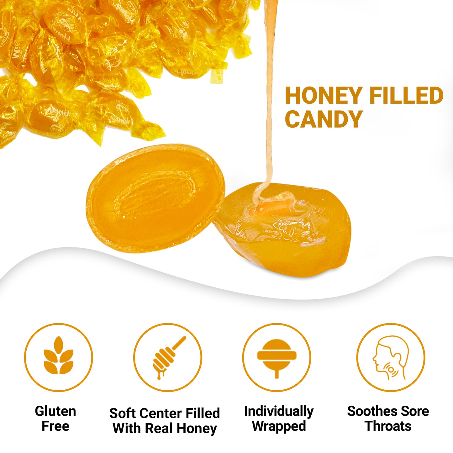 Honey Filled Hard Candy - Individually Wrapped Honey Hard Candy - 1 Pound Bulk Bag - Soft Honey Center