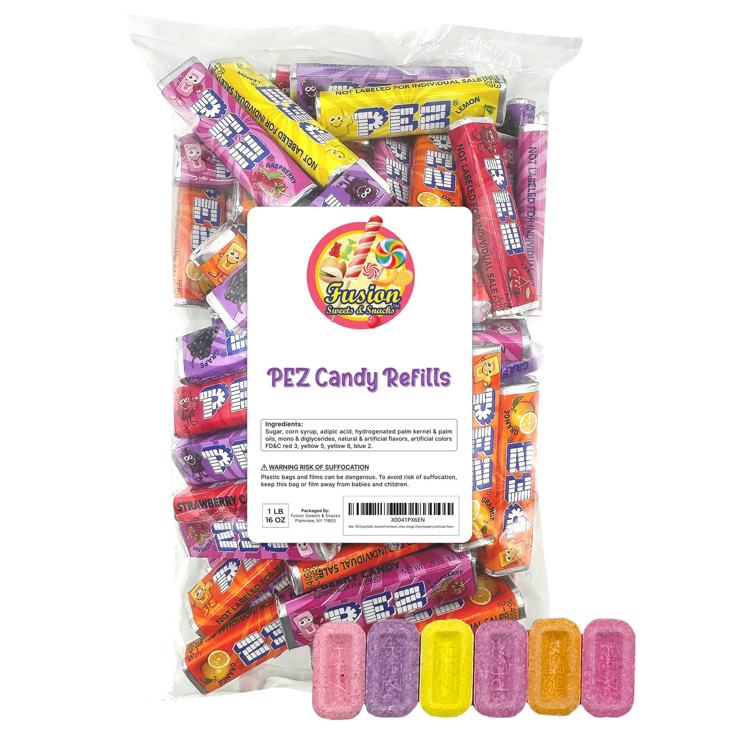 PEZ Candy Refills, Assorted Fruit Flavors, 1 Pound Bulk Bag - Strawberry, Lemon, Orange, Cherry, Raspberry and Grape Flavors
