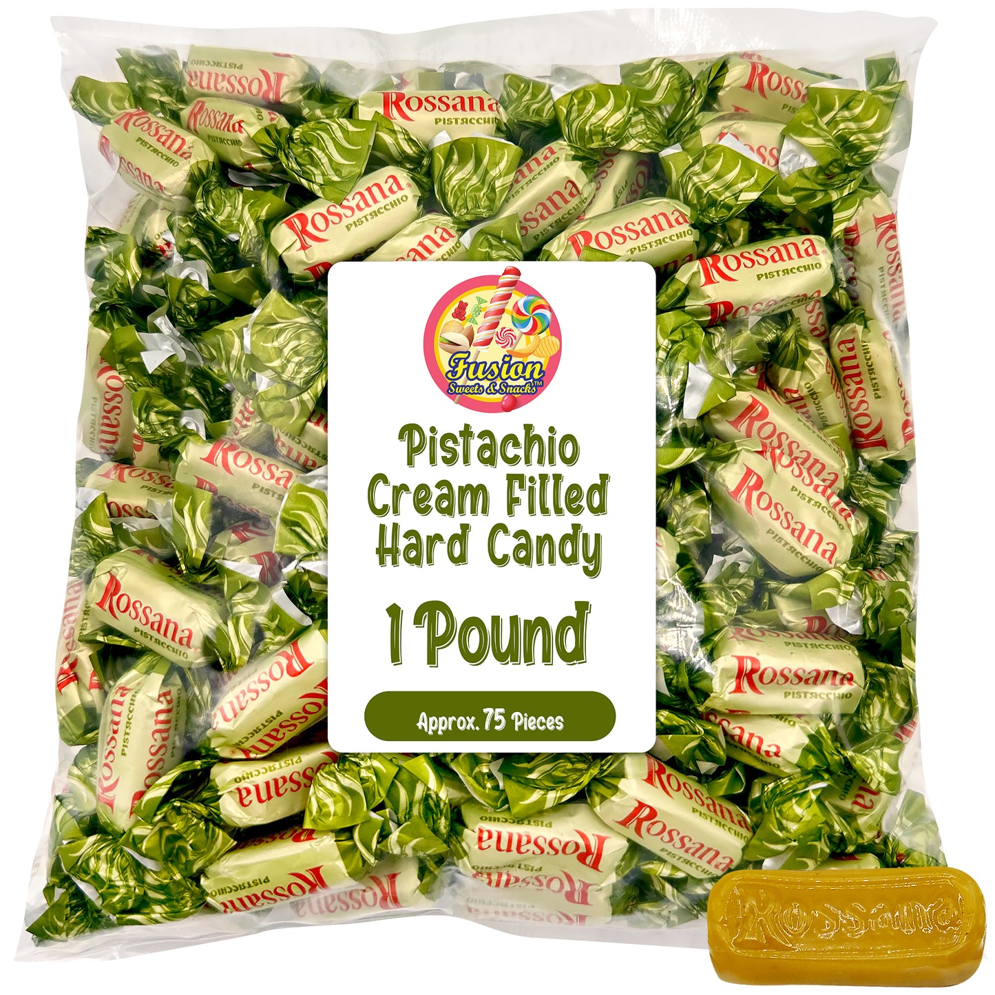 Rossana Pistachio Candy – 1 Pound Bag – Italian Hard Candy Individually Wrapped – Classic Pistachio Treat – Puntini Style Sweets – Authentic Italian Candy from Italy