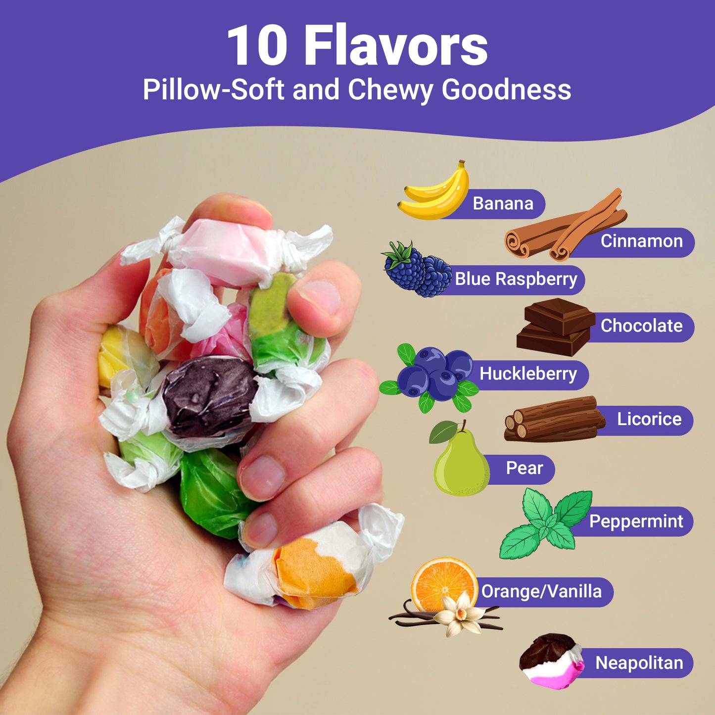 Assorted Salt Water Taffy Individually Wrapped - 2 Pound Bag - Saltwater Taffy Bulk Candy Individually Wrapped - Old Fashioned Retro Candy - Party Favor Dessert Snack