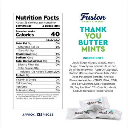 Thank You Butter Mints Individually Wrapped - 125 Count, After Dinner Mints, Soft Pillow Mints, Bulk Wedding Mints for Reception, Baby Shower & Funeral Favors for Guests