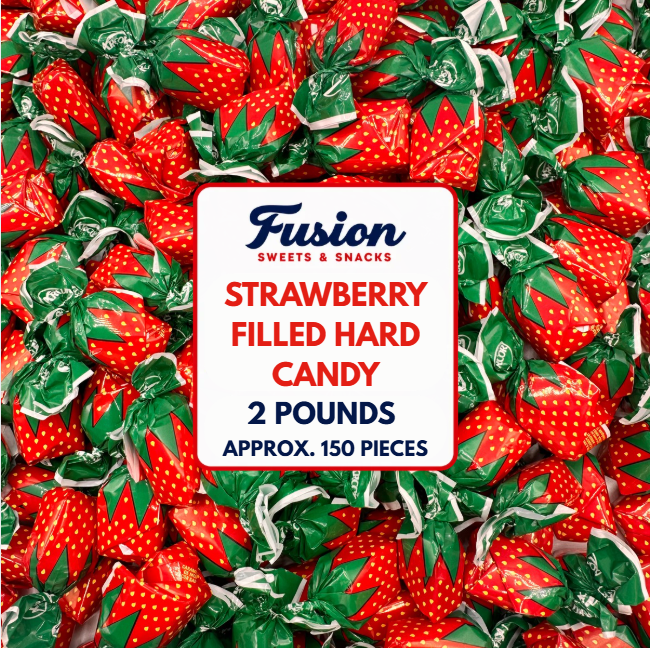 Strawberry Filled Hard Candy, Individually Wrapped, 2lb, Gluten-Free | Approx. 150 Pieces of Real Fruit Pulp Strawberry Candy with Sweet Flavor, Heat-Sealed Bag for Easy Serving and Storage