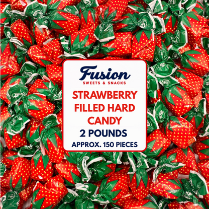 Strawberry Filled Hard Candy, Individually Wrapped, 2lb, Gluten-Free | Approx. 150 Pieces of Real Fruit Pulp Strawberry Candy with Sweet Flavor, Heat-Sealed Bag for Easy Serving and Storage