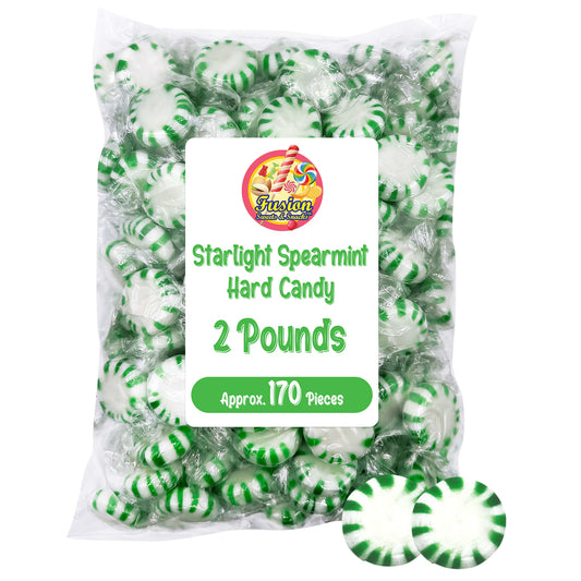 Starlight Spearmint Candy - 2 Pound Bulk (Approx 170 Pieces) Individually Wrapped Spearmint Mints - Refreshing Green and White Spearmint Hard Candy Discs - Christmas & Holiday Candy Spearmints - Starlights Breath Mints Are The Perfect After Dinner Mint
