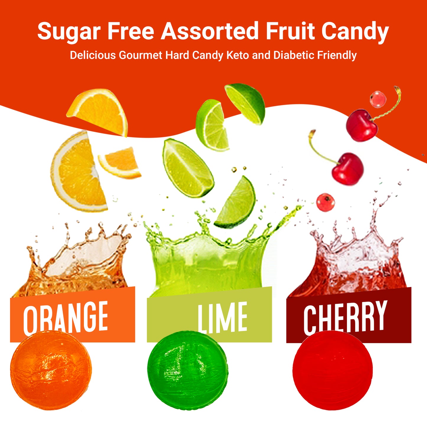 Sugar Free Assorted Fruit Flavor Hard Candy – 2  lb Bulk Bag (Approx 150 Count) - Cherry, Lime, Orange Individually Wrapped, Keto & Diabetic Friendly Low‑Calorie Sugar Free Hard Candy