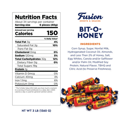 Bit-O-Honey Candy - 3 LB Bulk Bag - Individually Wrapped Retro Candy - Real Honey And Almond Taffy