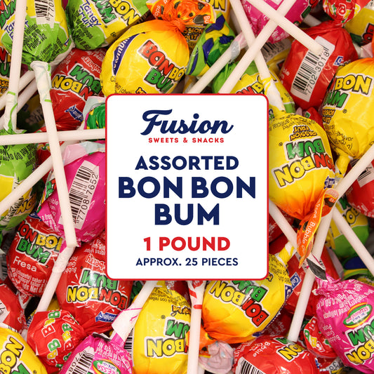 Bon Bon Bum Fruit Assorted Lollipops 1 Pound, Individually Wrapped | Lollipop with Bubble Gum Center, Passion Fruit, Intense Strawberry, Strawberry, & Tangy Fruit, Gluten Free