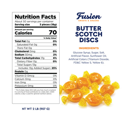 Butterscotch Hard Candy Discs, 2 Pounds Bulk, Individually Wrapped | Old Fashioned Butterscotch Hard Candy, Approx. 150 Pieces, Yellow Classic Buttery Treats
