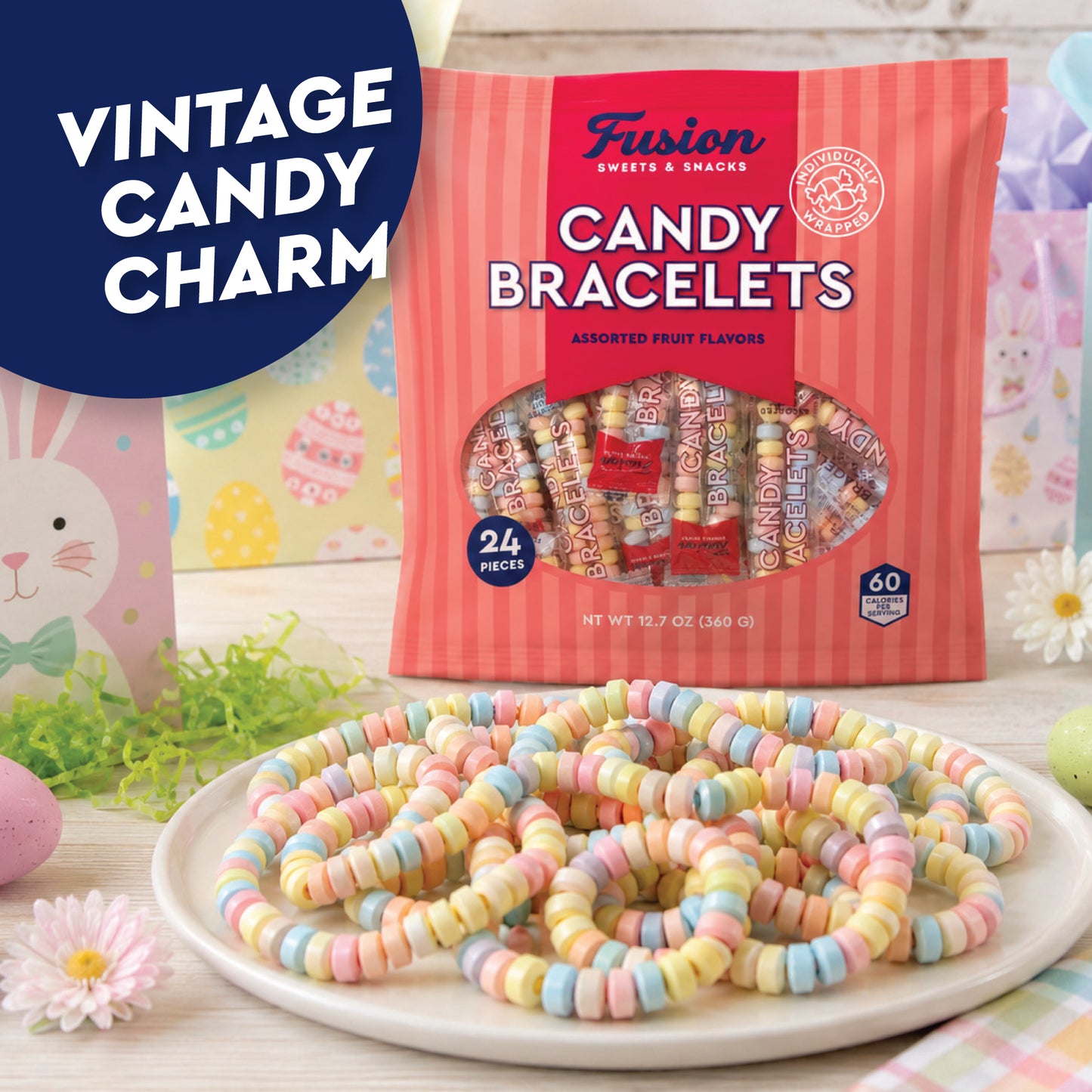 Candy Bracelets Bulk Individually Wrapped - 24 Count Retro Vintage Pastel Jewelry Candy Bracelet for Kids Birthday Goodie Bags, Easter Basket Fillers, Halloween Pinata Stuffers, Valentine Classroom Party Favors