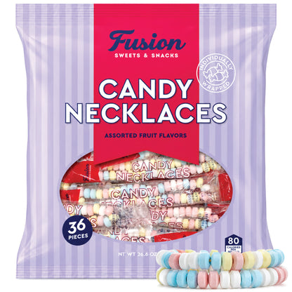 Candy Necklaces 36ct Individually Wrapped Assorted Fruit Flavors | Candy Jewelry for Kids Birthday Party Favor | Retro 80s 90s Bulk Bracelets Goodie Bag | Easter Halloween Valentine