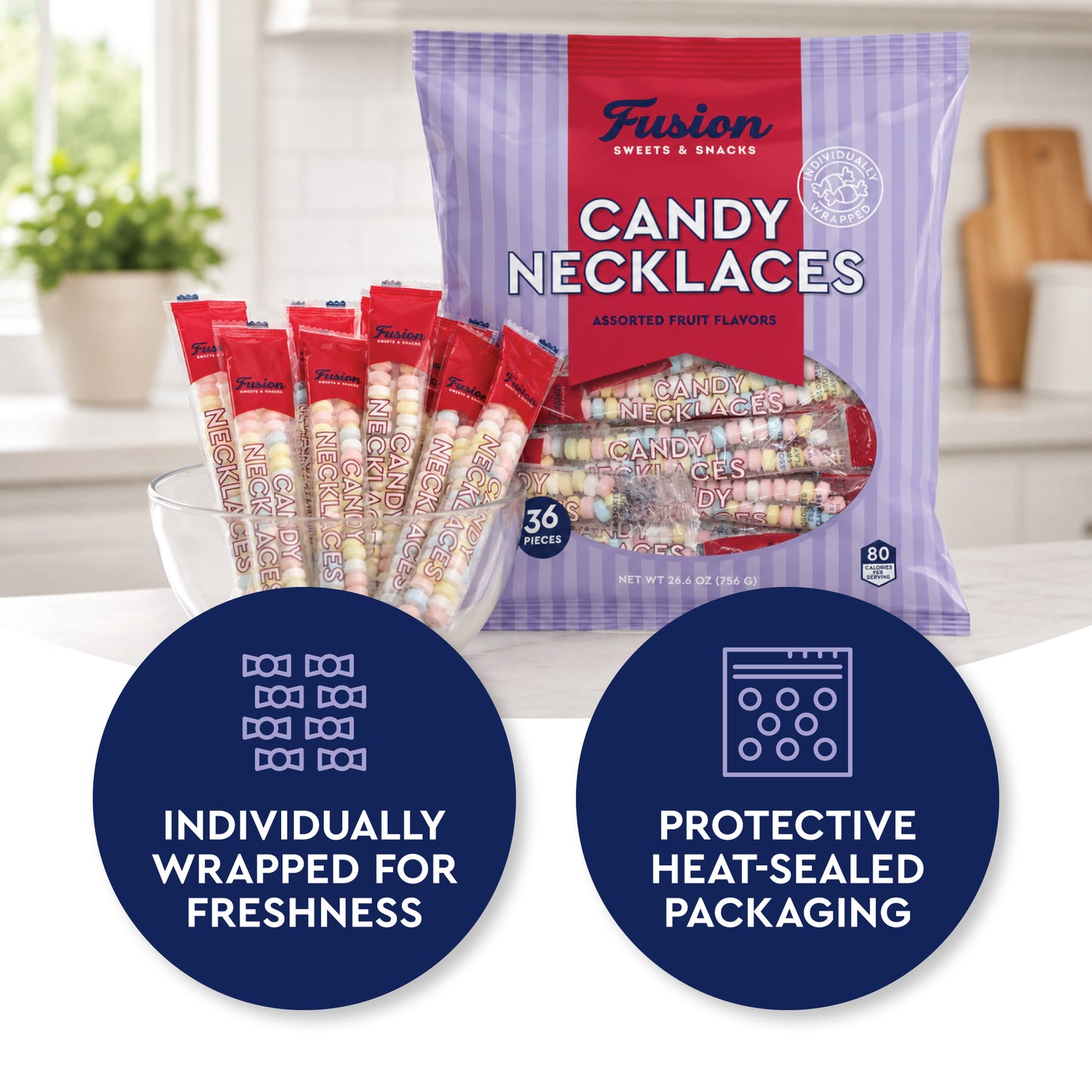 Candy Necklaces 36ct Individually Wrapped Assorted Fruit Flavors | Candy Jewelry for Kids Birthday Party Favor | Retro 80s 90s Bulk Bracelets Goodie Bag | Easter Halloween Valentine