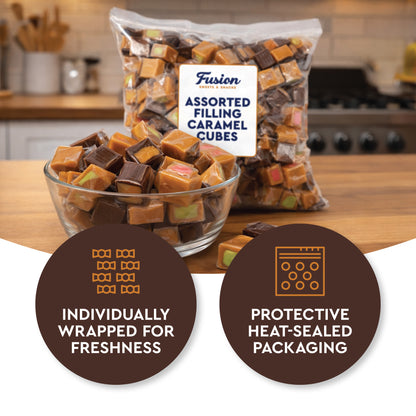 Caramel Candy Mix Assorted Filling – 1 Pound, Individually Wrapped Soft Sweets with Filled Centers – Chewy Caramels, Flavored Caramels – Perfect For Parties, Events, Candy Tables, & More
