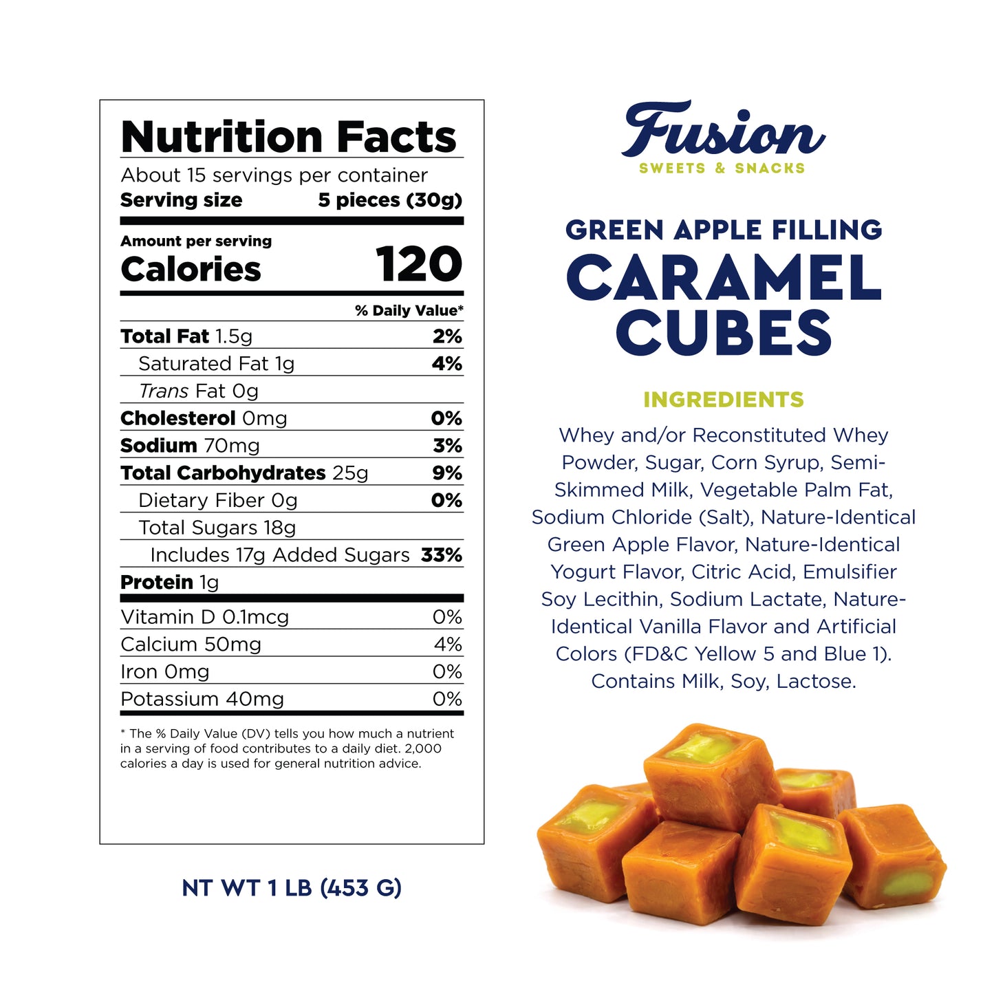 Caramel Cubes Candy Green Apple Filling - 1 Pound Bulk Bag -Individually Wrapped, Caramel Chews Soft Classic Chewy Candy, For all Holidays And Any Occasion. (Approx 75 Count)