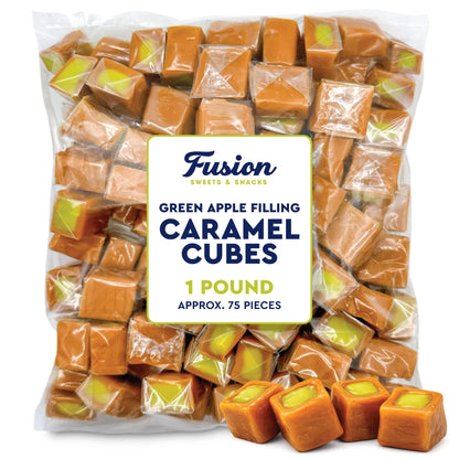 Caramel Cubes Candy Green Apple Filling - 1 Pound Bulk Bag -Individually Wrapped, Caramel Chews Soft Classic Chewy Candy, For all Holidays And Any Occasion. (Approx 75 Count)