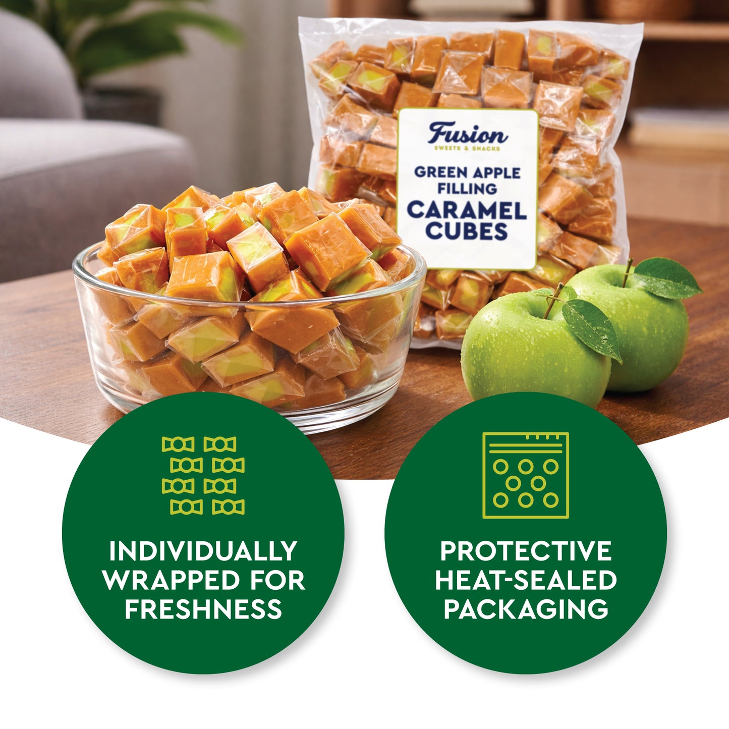 Caramel Cubes Candy Green Apple Filling - 1 Pound Bulk Bag -Individually Wrapped, Caramel Chews Soft Classic Chewy Candy, For all Holidays And Any Occasion. (Approx 75 Count)