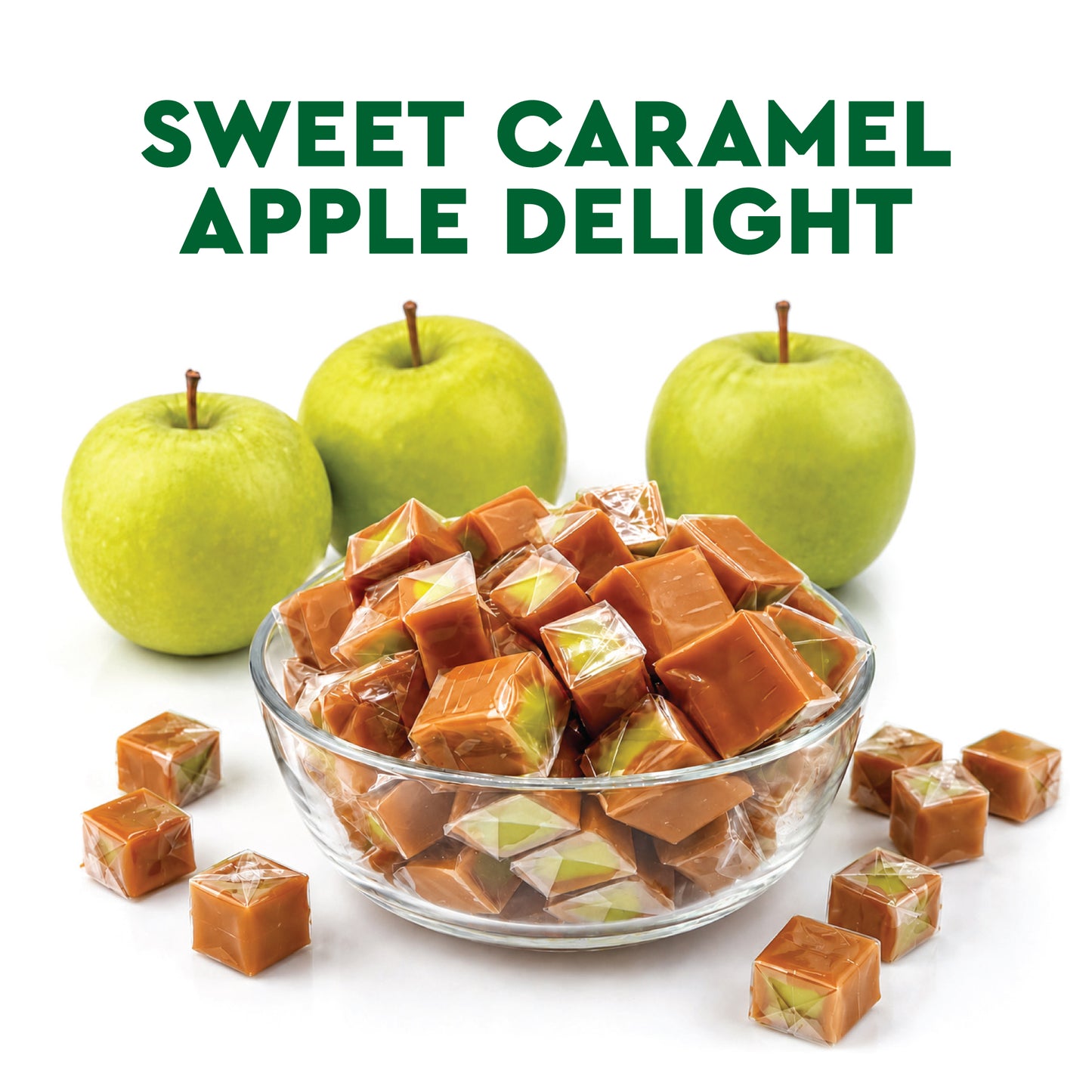 Caramel Cubes Candy Green Apple Filling - 1 Pound Bulk Bag -Individually Wrapped, Caramel Chews Soft Classic Chewy Candy, For all Holidays And Any Occasion. (Approx 75 Count)