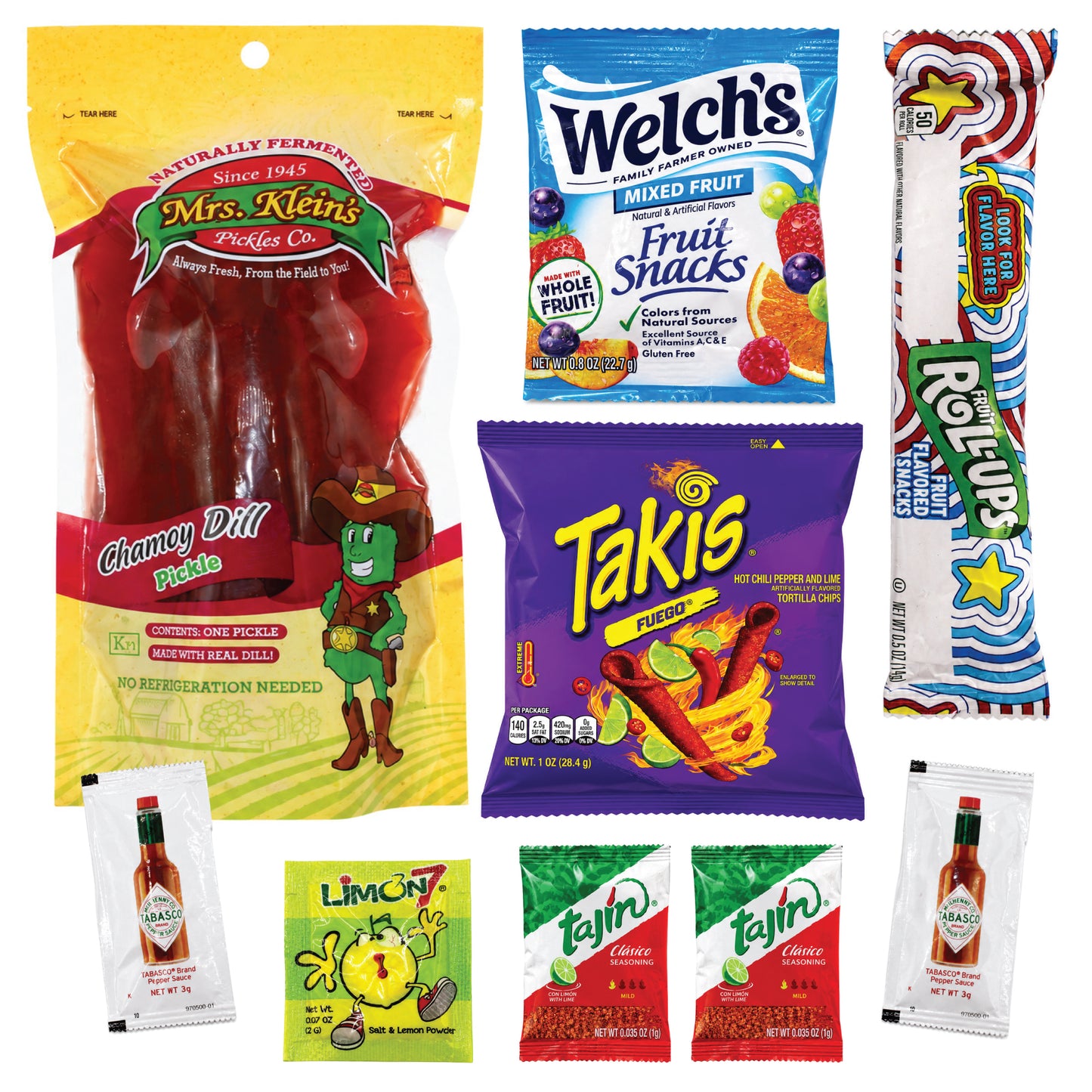 Viral Chamoy Pickle Kit - Mrs. Klein's Pickle | Rolled Fruit Candy, Chili Rolled Corn Chips, Fruit Gummies, Chili Lime Seasoning, Hot Sauce & Lime
