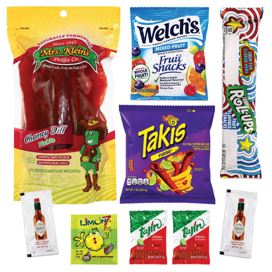 Viral Chamoy Pickle Kit - Mrs. Klein's Pickle | Rolled Fruit Candy, Chili Rolled Corn Chips, Fruit Gummies, Chili Lime Seasoning, Hot Sauce & Lime