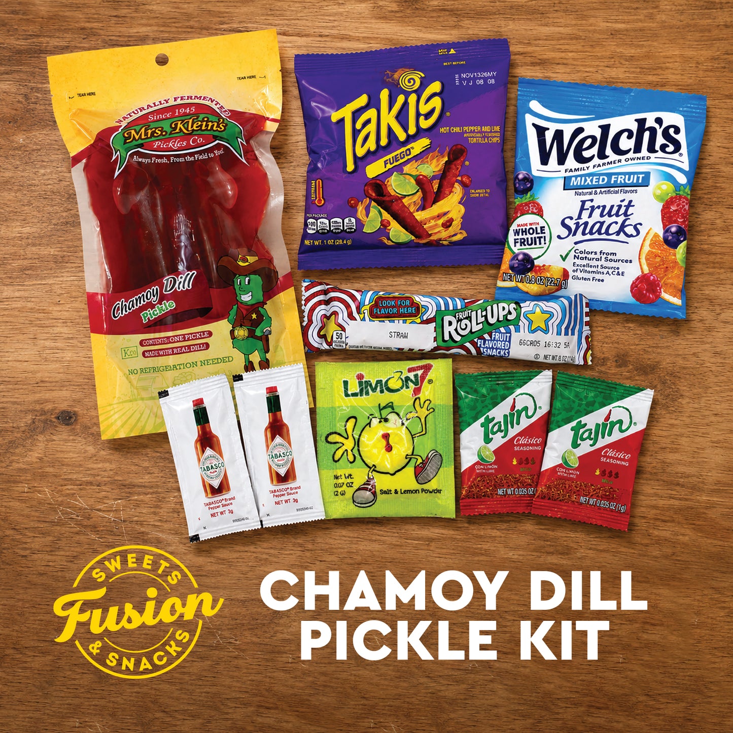 Viral Chamoy Pickle Kit - Mrs. Klein's Pickle | Rolled Fruit Candy, Chili Rolled Corn Chips, Fruit Gummies, Chili Lime Seasoning, Hot Sauce & Lime