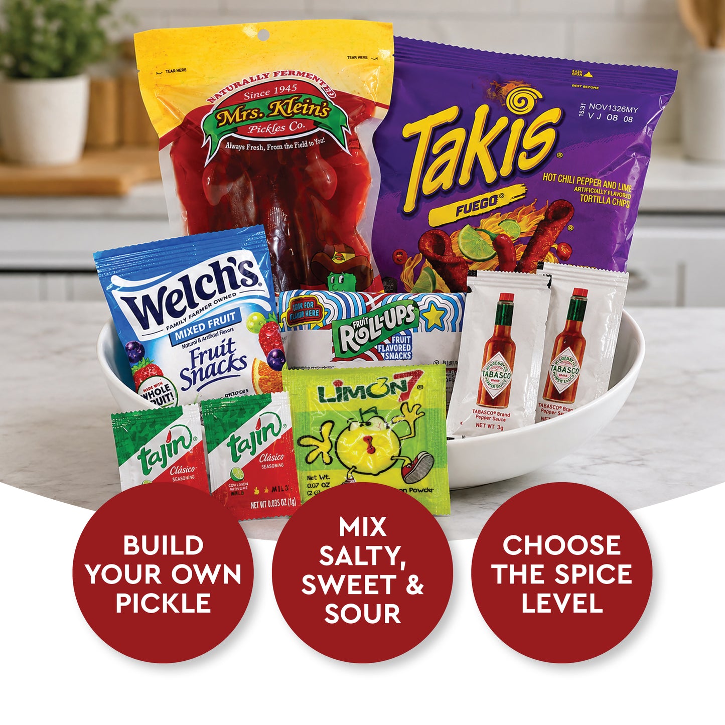 Viral Chamoy Pickle Kit - Mrs. Klein's Pickle | Rolled Fruit Candy, Chili Rolled Corn Chips, Fruit Gummies, Chili Lime Seasoning, Hot Sauce & Lime