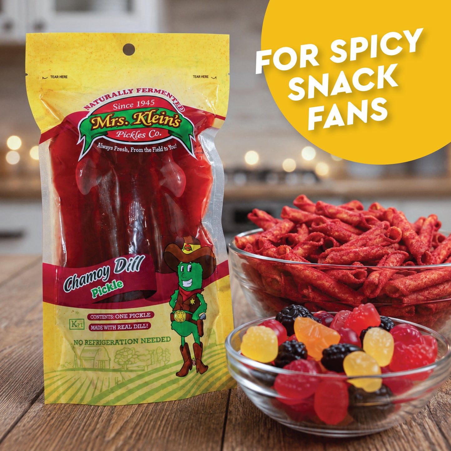 Viral Chamoy Pickle Kit - Mrs. Klein's Pickle | Rolled Fruit Candy, Chili Rolled Corn Chips, Fruit Gummies, Chili Lime Seasoning, Hot Sauce & Lime