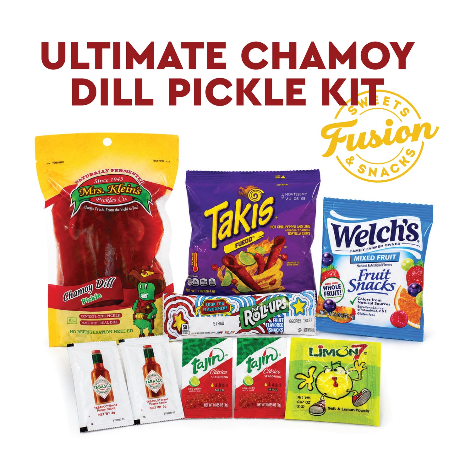 Viral Chamoy Pickle Kit - Mrs. Klein's Pickle | Rolled Fruit Candy, Chili Rolled Corn Chips, Fruit Gummies, Chili Lime Seasoning, Hot Sauce & Lime