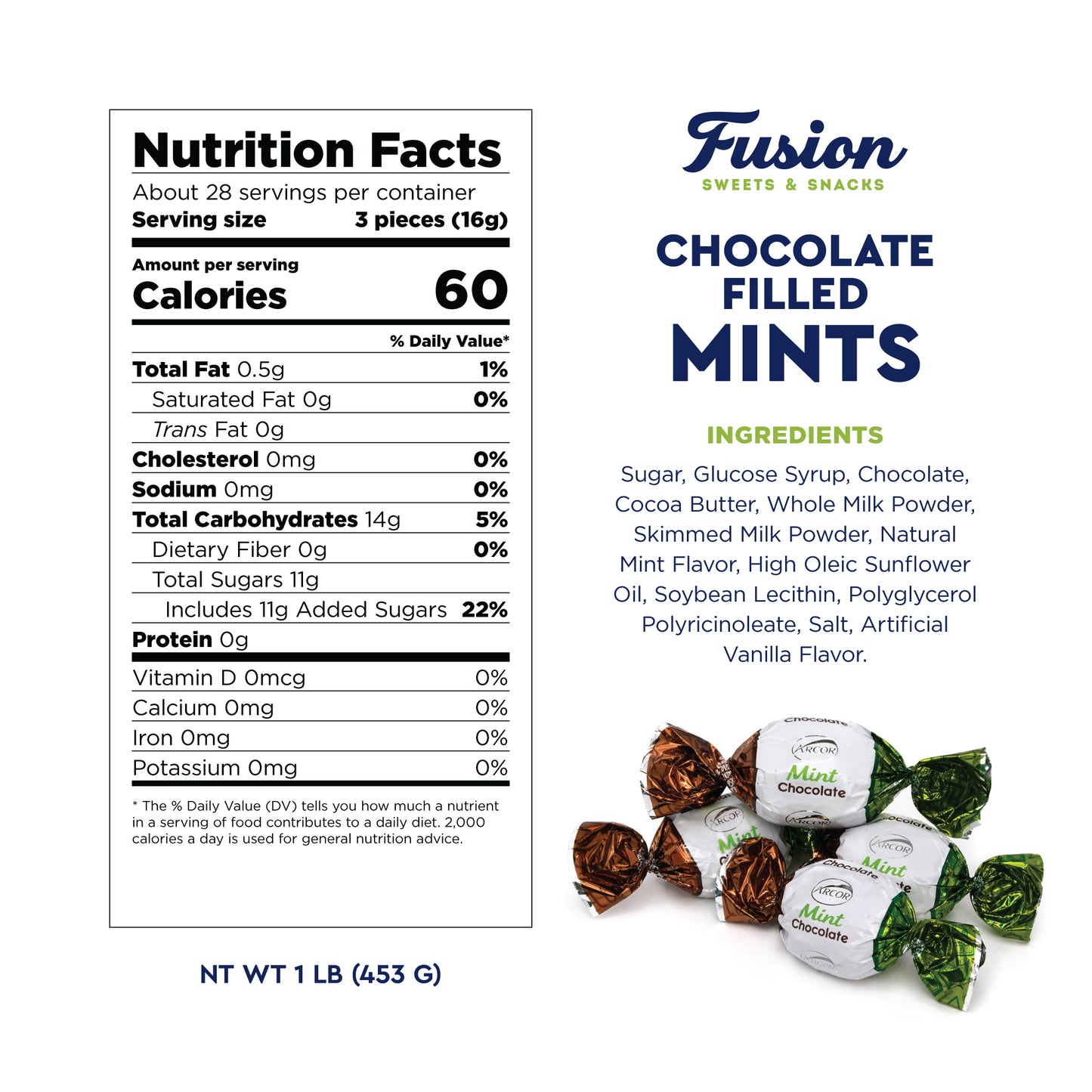 Chocolate Filled Candy - 1 Pound Bulk Bag - Arcor Chocolate Mints Hard Candy, Approx 80 Pieces, Naturally Flavored Treats