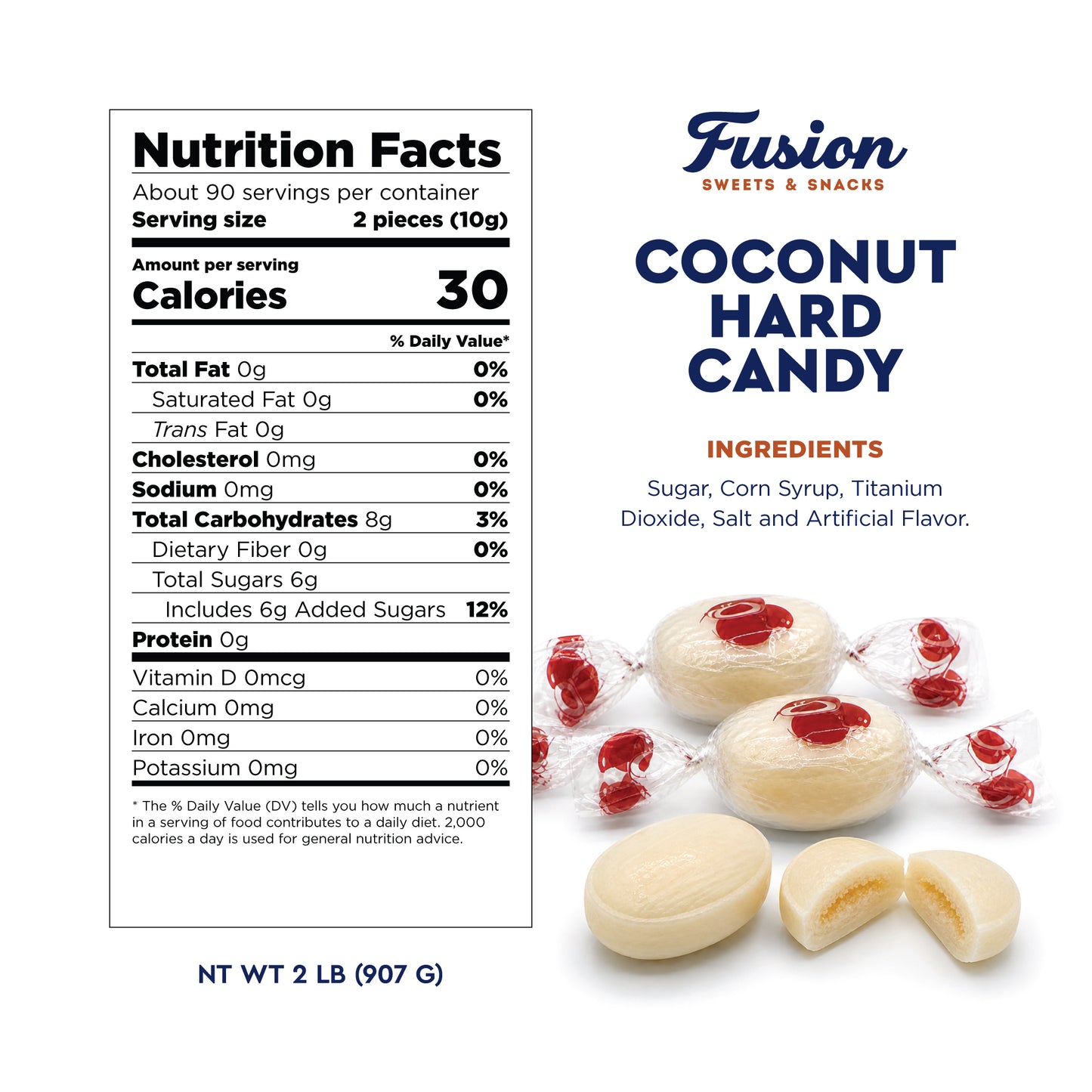 Coconut Hard Candy - 2 Pounds Individually Wrapped Candy, Creamy Filled Coconut Candy, Bulk Bag Old Fashioned Treats