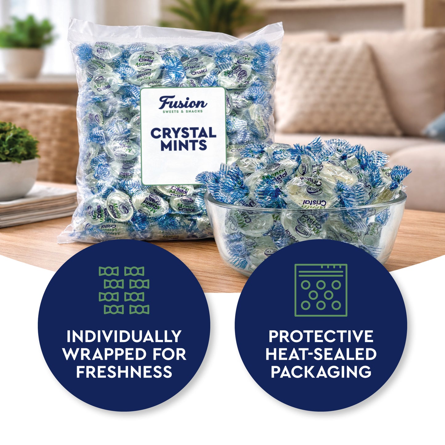 Crystal Candy Hard Mints - 2 Pounds (Approx. 200 Pieces) Arcor Blue Crystal Mint Candy Individually Wrapped, Breath Mints Bulk, After Dinner Mint, Bulk Candy