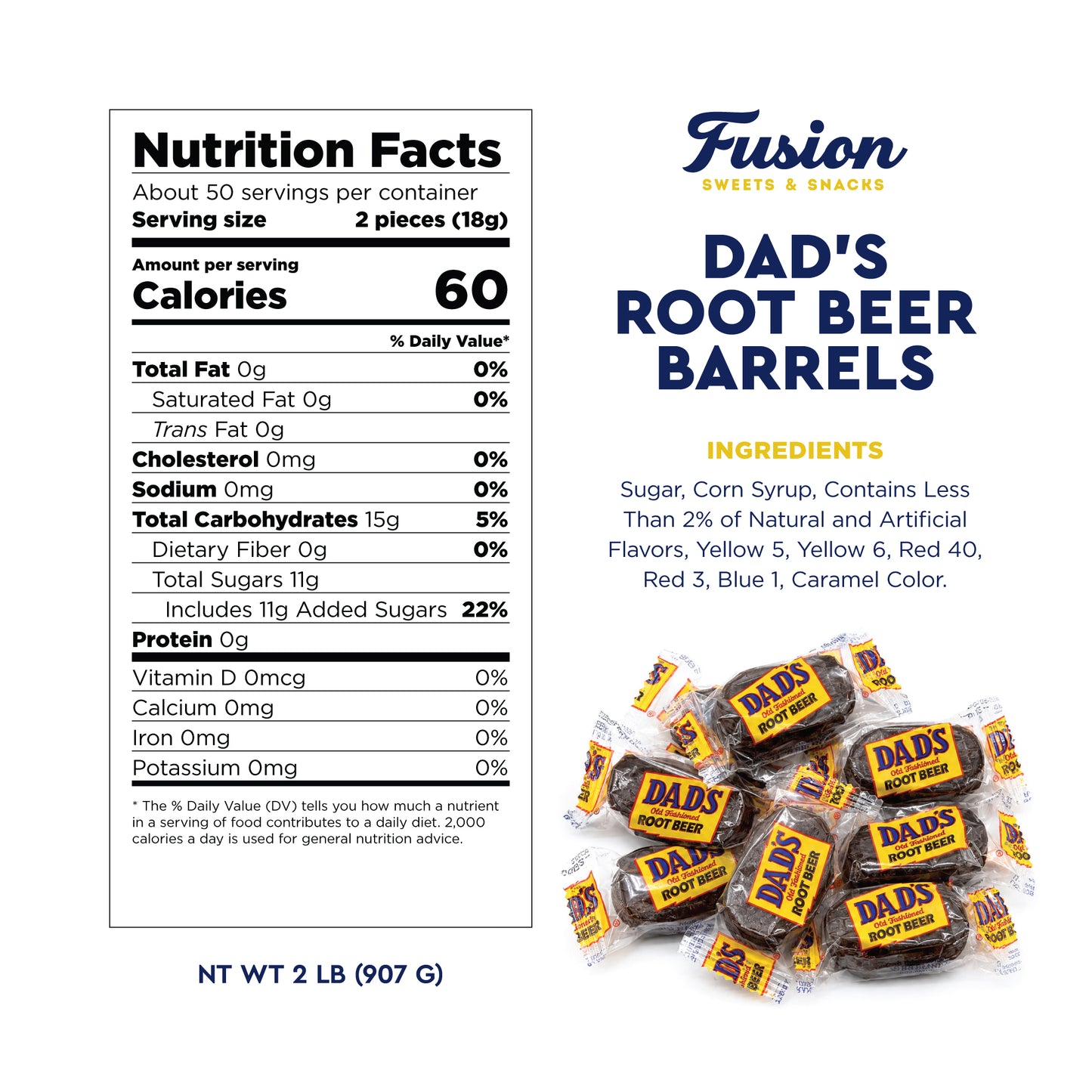 Dad's Root Beer Barrels - Rootbeer Barrels Hard Candy - 2 Pounds Bulk Bag (Approximately 100 count) - Old Fashioned Candies - Individually Wrapped Dad's Root Beer Barrels