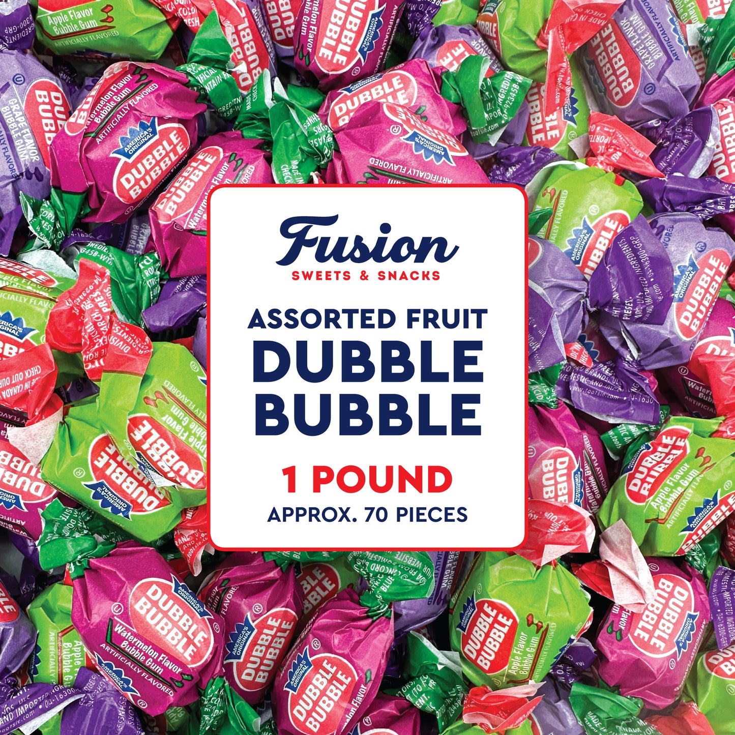 Dubble Bubble Assorted Fruit Flavor Gum - 1 Pound Bulk Bag of 3 Flavor Individually Wrapped Bubble Gum - Grape, Watermelon, Apple - Chewing Bubble Gum